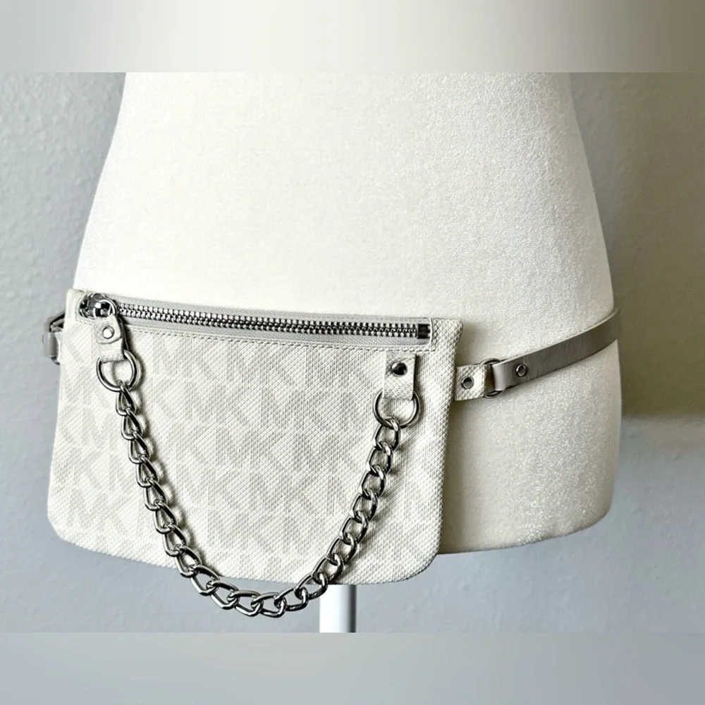MICHAEL Michael Kors Monogram Coated Chain
Belt Bag White Metallic Size M EUC - Picture 3 of 10